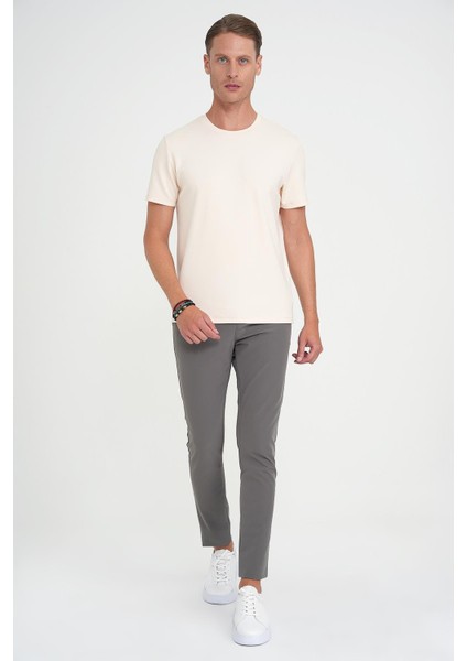 Comfort Fit Bisiklet Yaka Esnek Pamuk Casuel Krem Tişört Ts 885