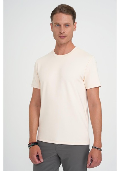 Comfort Fit Bisiklet Yaka Esnek Pamuk Casuel Krem Tişört Ts 885 fiyatları