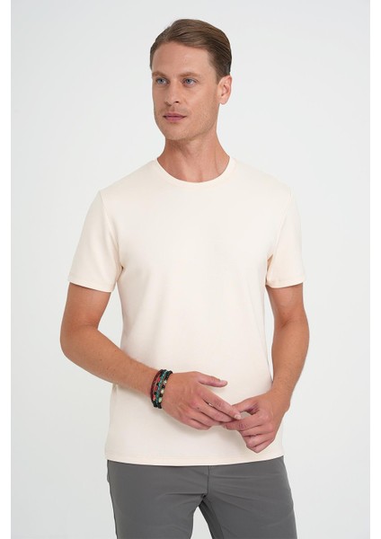 Comfort Fit Bisiklet Yaka Esnek Pamuk Casuel Krem Tişört Ts 885 modelleri