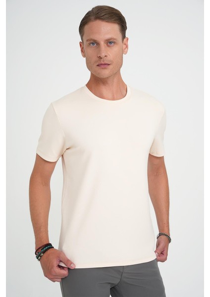 Comfort Fit Bisiklet Yaka Esnek Pamuk Casuel Krem Tişört Ts 885 fırsatları