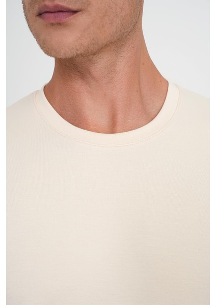 Comfort Fit Bisiklet Yaka Esnek Pamuk Casuel Krem Tişört Ts 885 indirimleri