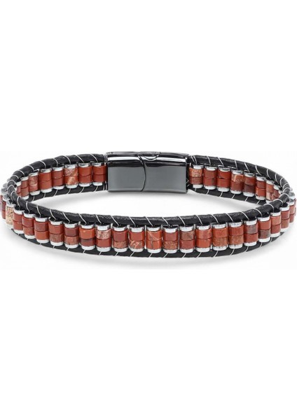 Mestore Kırmızı Jasper & Hematit Çelik Örgülü Deri Bileklik 31682B22D6