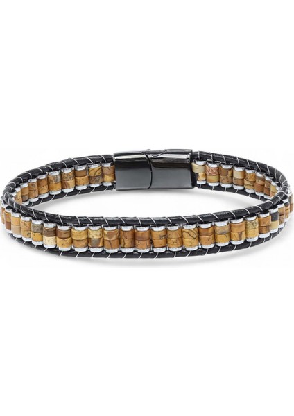 Mestore Odun Jasper & Hematit Çelik Örgülü Deri Bileklik 31682B22D8