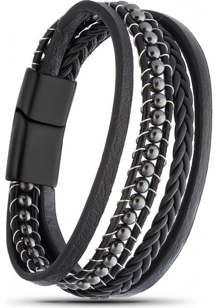 Mestore Hematit Doğaltaş ve Deri Çoklu Bileklik 31682B9D21