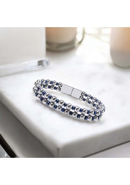 Mestore Çift Gümüş ve Mavi Renk Hematit Çelik Bileklik 31682B20D3 modelleri