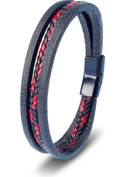 Mestore Kırmızı Siyah Saç Örgü ve Çelik Bileklik 31683B10D3
