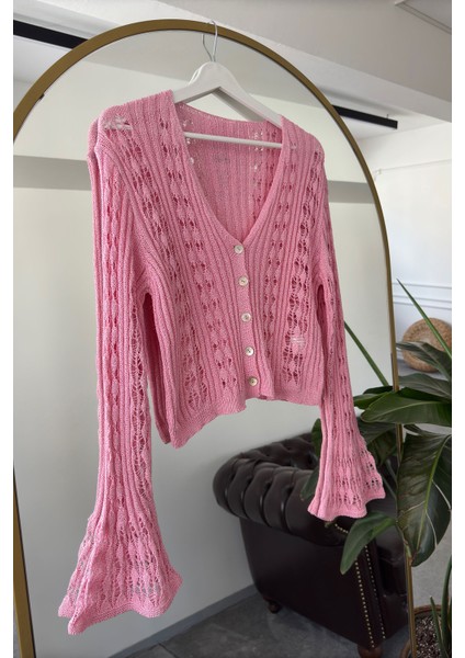 Ajurlu V Yaka Premium Hırka- Pembe modelleri