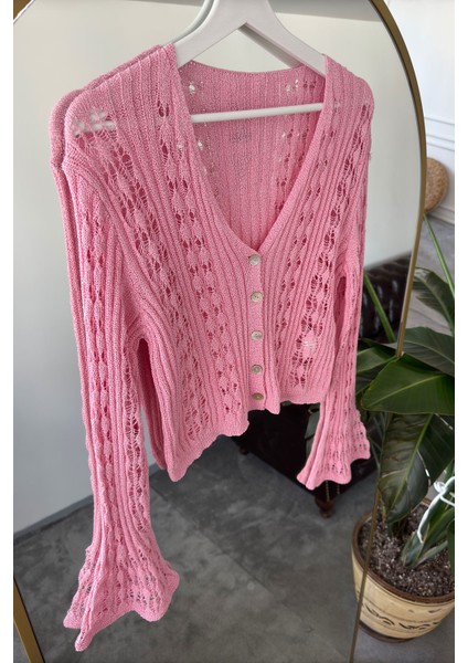 Ajurlu V Yaka Premium Hırka- Pembe fırsatları