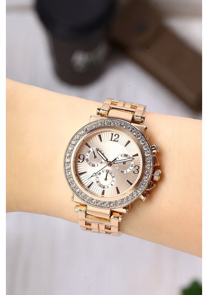 Taşlı Dekoratif Kadran Rose Metal Kadın Kol Saati