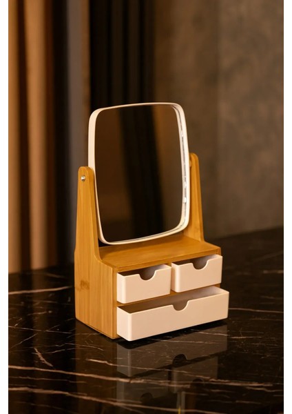 Bambu Çekmeceli Ayna Takı Organizeri 360° Dönen Ayna