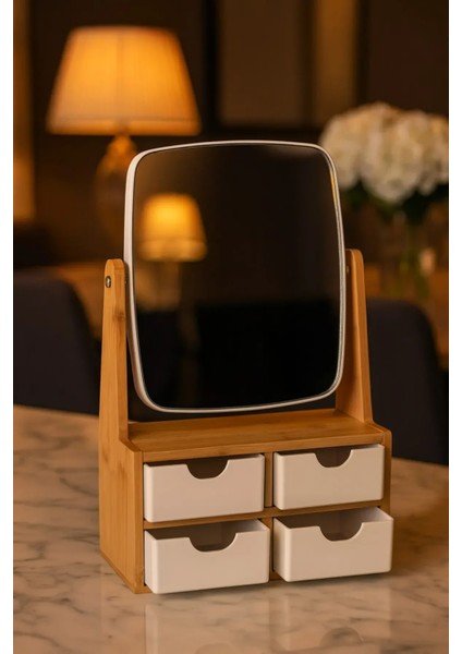 Bambu Çekmeceli Ayna Takı Organizeri 360° Dönen Ayna