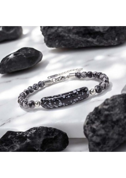 Mestore Snowy Obsidian Doğaltaş Çelik Halat ve Çelik Klipsli Bileklik 31682B19D2 modelleri