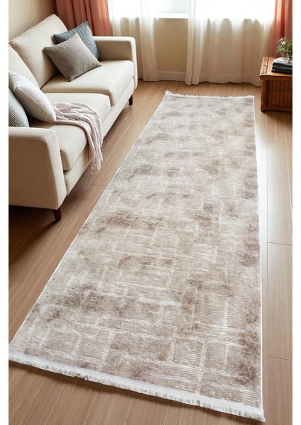 Aksu Stan Bej Saçaklı Kaymaz Tabanlı Kesme Kabartmalı Salon Koridor Mutfak Halı