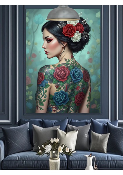 Güllü Dövmeli Kadın Dekoratif Kanvas - Mdf Ahşap Tablo fiyatları