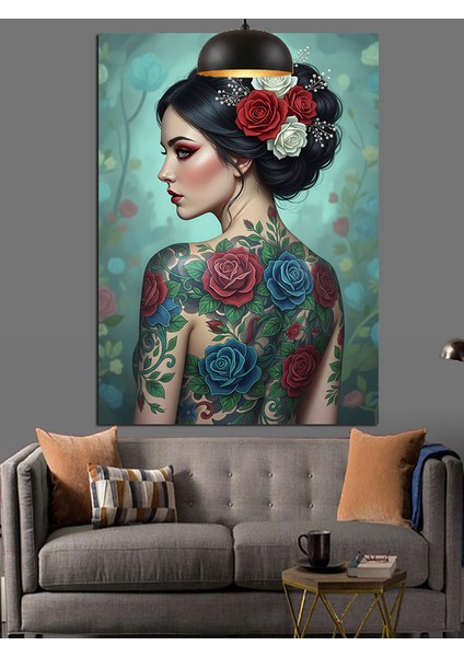 Güllü Dövmeli Kadın Dekoratif Kanvas - Mdf Ahşap Tablo modelleri