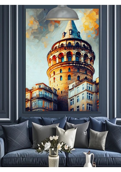 Galata Kulesi Suluboya Çizimi Dekoratif Kanvas - Mdf Ahşap Tablo