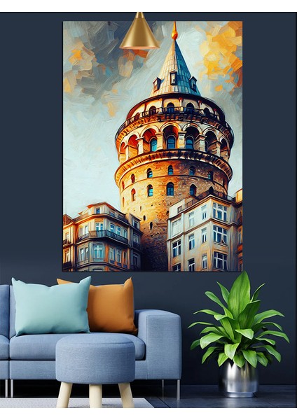 Galata Kulesi Suluboya Çizimi Dekoratif Kanvas - Mdf Ahşap Tablo modelleri