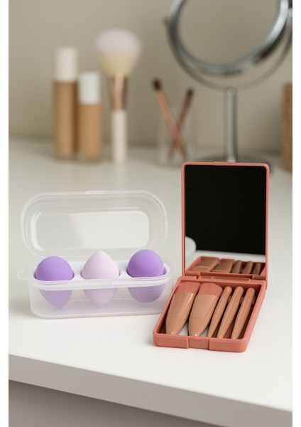 3'lü Makyaj Sünger+5'l Kutulu Makyaj Fırçası Seti