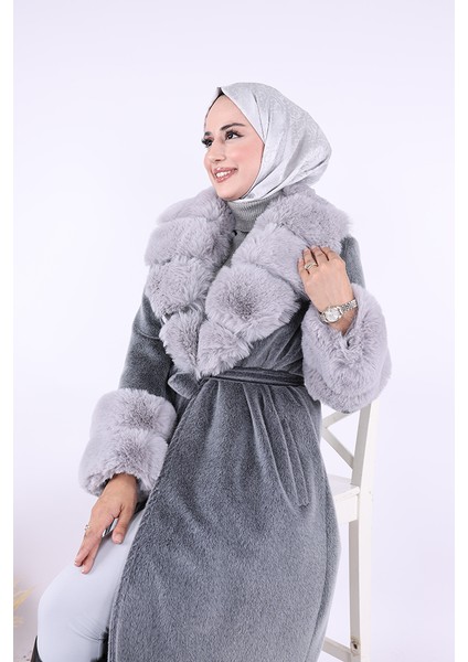 Yaka Kürk Detay Kaban 70029 Gri fırsatları