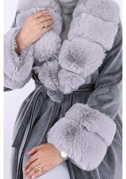 Yaka Kürk Detay Kaban 70029 Gri indirimleri