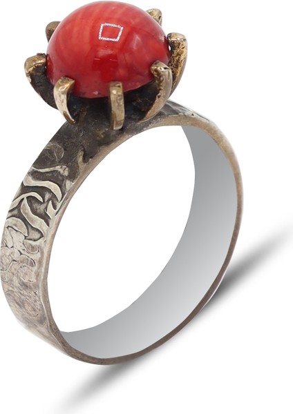 Mercan Taşlı İşlemeli 925 Ayar Gümüş Kadın Yüzük 201024482