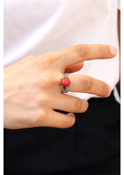 Mercan Taşlı İşlemeli 925 Ayar Gümüş Kadın Yüzük 201024482 fiyatları