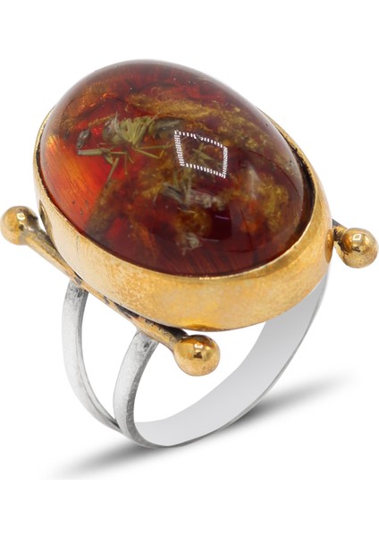 Fosilli Kehribar Taşlı Çekiç İşlemeli 925 Ayar Gümüş Kadın Yüzük 201024486