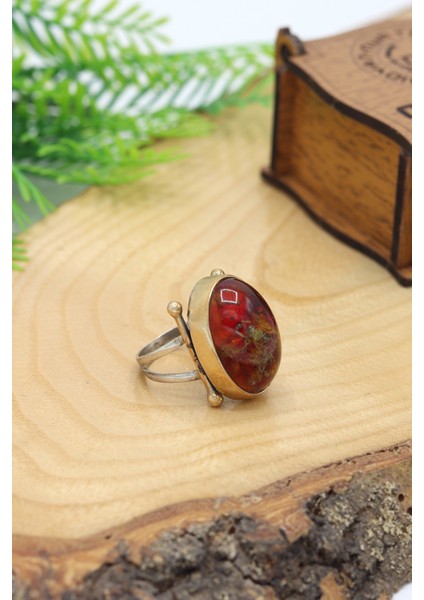 Fosilli Kehribar Taşlı Çekiç İşlemeli 925 Ayar Gümüş Kadın Yüzük 201024486 modelleri