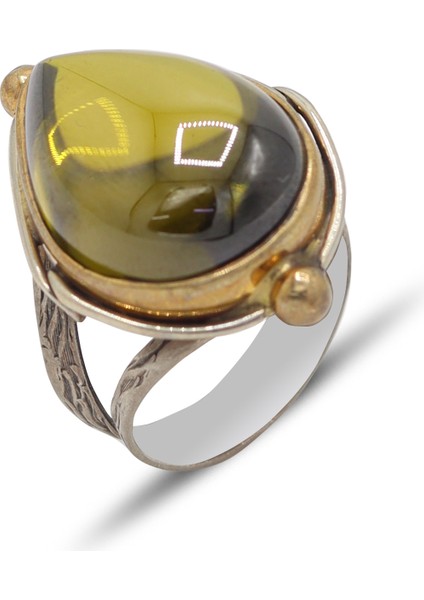 Zeytin Yeşili Çekiç İşlemeli 925 Ayar Gümüş Kadın Yüzük 201024487