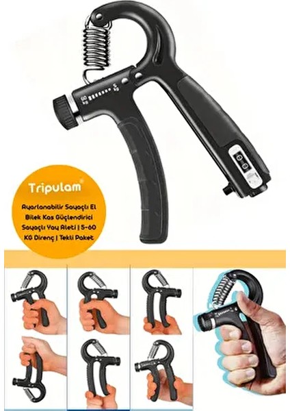 Ayarlanabilir Sayaçlı El Bilek Kas Güçlendirici Sayaçlı Yay Aleti | 5-60 kg Direnç | El Yayı