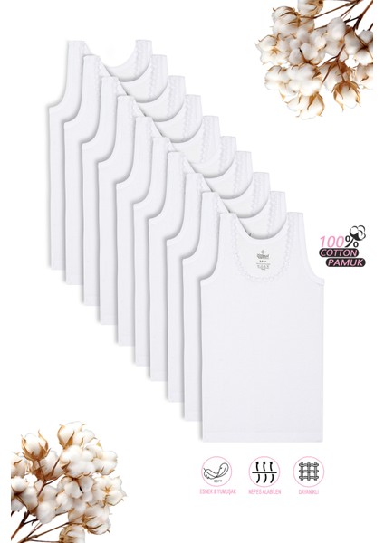 Özkan 0800 10'lu Paket Kız Çocuk Ribana Pamuklu Esnek Rahat Kalın Askılı Yakası Brode Papatya Detaylı Atlet