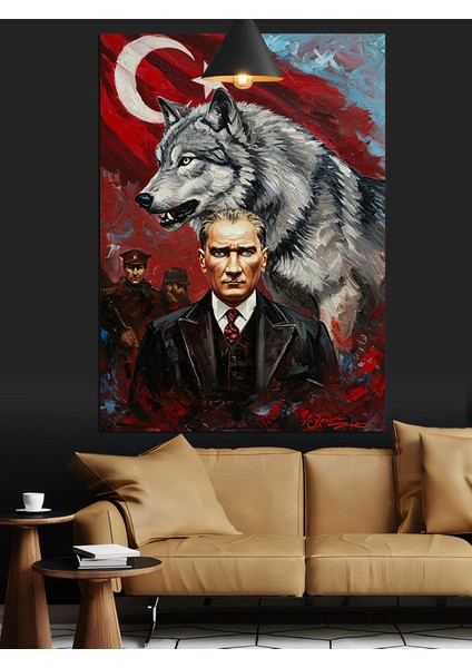 Kurt ve Bayrak Önünde Mustafa Kemal Atatürk Dekoratif Kanvas - Mdf Ahşap Tablo