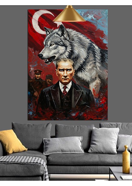 Kurt ve Bayrak Önünde Mustafa Kemal Atatürk Dekoratif Kanvas - Mdf Ahşap Tablo fiyatları