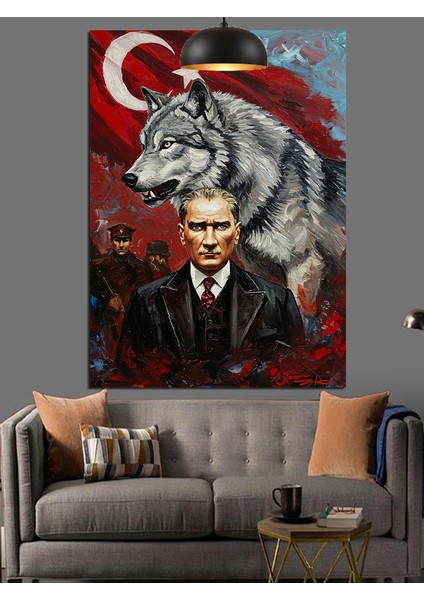 Kurt ve Bayrak Önünde Mustafa Kemal Atatürk Dekoratif Kanvas - Mdf Ahşap Tablo fırsatları