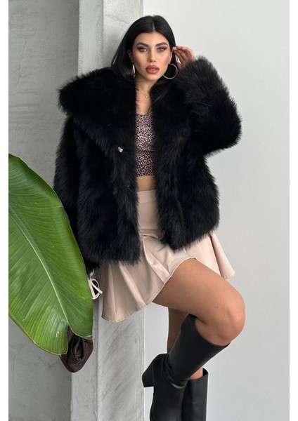 Kadın Kürk Şık Geniş Yaka Astarlı Çıtçıt Düğmeli premium kürk