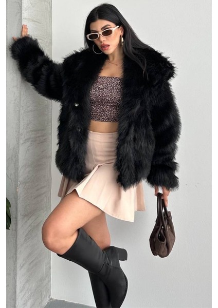 Kadın Kürk Şık Geniş Yaka Astarlı Çıtçıt Düğmeli premium kürk fiyatları