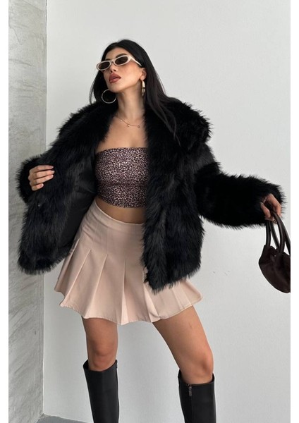 Kadın Kürk Şık Geniş Yaka Astarlı Çıtçıt Düğmeli premium kürk fırsatları