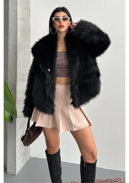 Kadın Kürk Şık Geniş Yaka Astarlı Çıtçıt Düğmeli premium kürk indirimleri