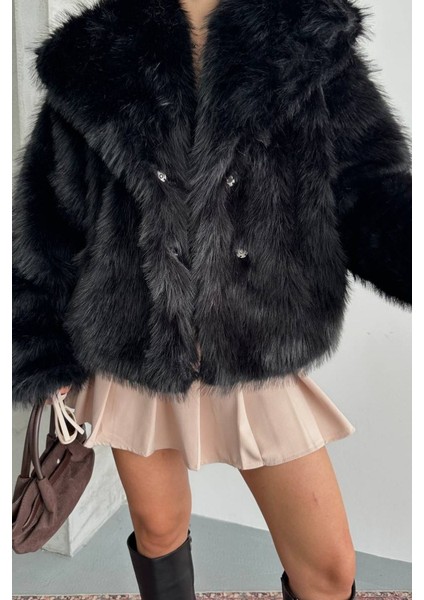 Kadın Kürk Şık Geniş Yaka Astarlı Çıtçıt Düğmeli premium kürk