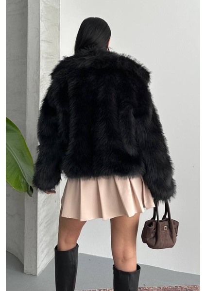 Kadın Kürk Şık Geniş Yaka Astarlı Çıtçıt Düğmeli premium kürk