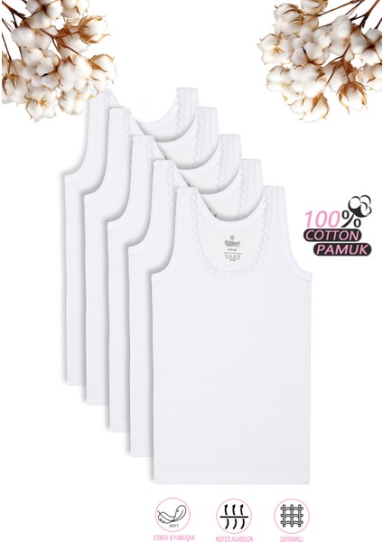 0800 5'li Paket Kız Çocuk Ribana %100 Pamuklu Esnek Rahat Kalın Askılı Yakası Brode Papatya Detaylı Atlet