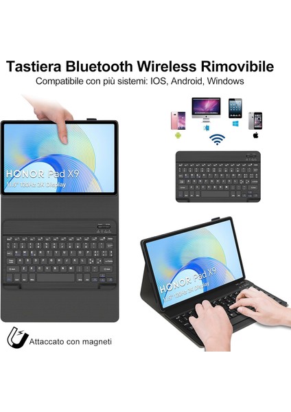 Honor Pad X9 11.5 Inç 2023 Uyumlu Klavyeli Tablet Kılıf Kablosuz Bluetooth Özellikli Kalem Tutuculu