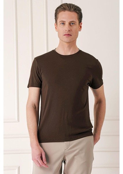 Slim Fit Bisiklet Yaka Düz Pamuklu Kahverengi Tişört Ts 823
