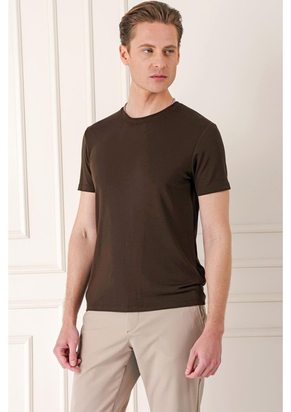 Slim Fit Bisiklet Yaka Düz Pamuklu Kahverengi Tişört Ts 823 fiyatları