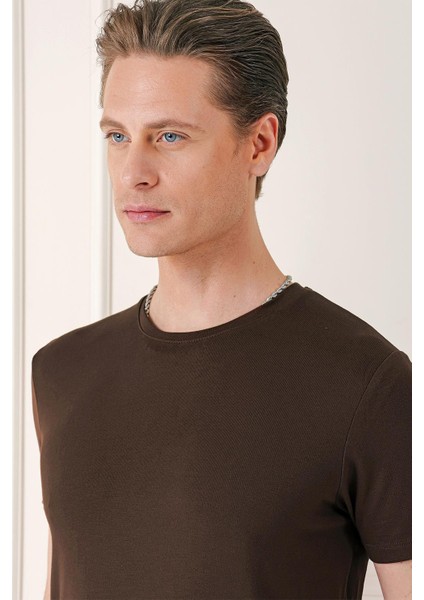 Slim Fit Bisiklet Yaka Düz Pamuklu Kahverengi Tişört Ts 823 fırsatları