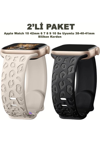 Apple Watch 10 42MM – 6 7 8 9 10 Se Uyumlu 38-40-41MM Leopar Desenli 2'li Silikon Kordon Seti