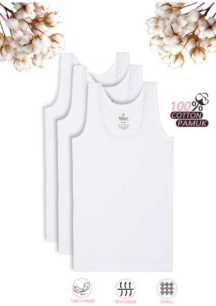 Özkan 0800 3'lü Paket Kız Çocuk %100 Pamuklu Ribana Esnek Rahat Yakası Çiçek Desenli Kalın Askılı Atlet