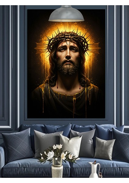 Altın Haleli Isa Tasviri Dekoratif Kanvas - Mdf Ahşap Tablo