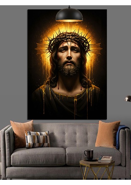 Altın Haleli Isa Tasviri Dekoratif Kanvas - Mdf Ahşap Tablo fiyatları