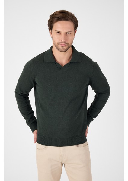 Haki Saf %100 Pamuk Erkek Patlı Düğmesiz Polo Yaka Triko Kazak